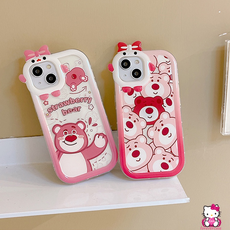 Soft Case TPU Motif Kartun Beruang Pink Strawberry 3D Untuk IPhone 7Plus 13 11 12 Pro MAX 6 6S 7 8 Plus XR X XS MAX 8Plus SE 2020