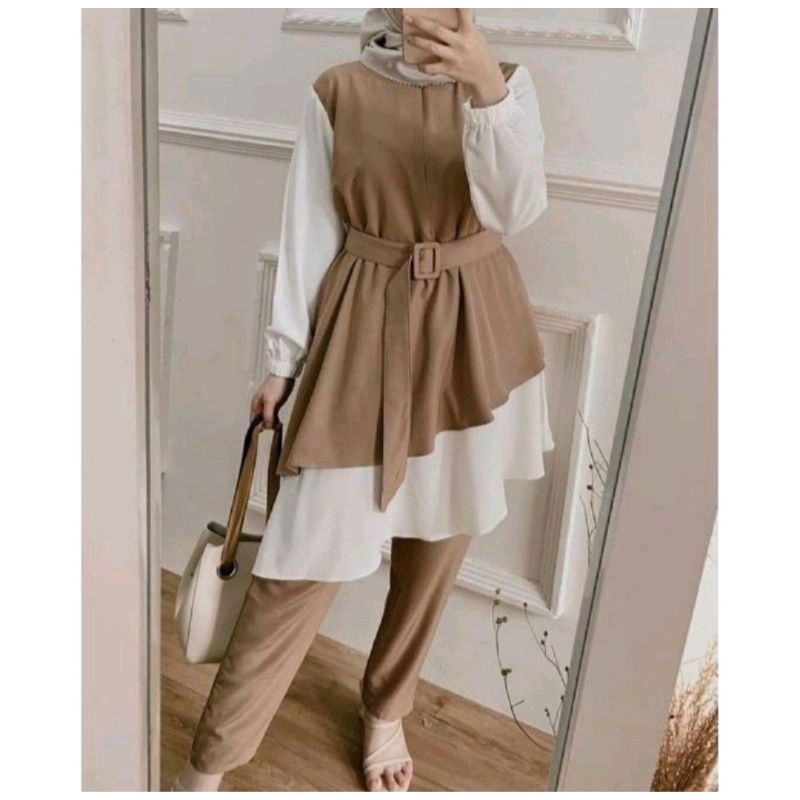 PROMO ONE SET FINA  / ONE SET  STANDART JUMBO / ONE SET - RAYON - ZAZA  / LD 100/105/110/115/120 CM  DAILY  TUNIK WANITA SET MOSCREPRE PREMIUM-ZAZA MOCA XXL