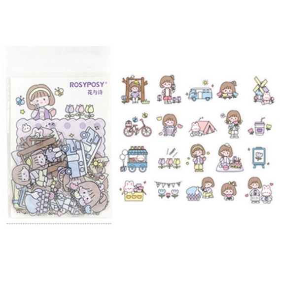 40pcs Stiker Desain Kartun Rosyposy PVC Japanese Style-Girl Purple