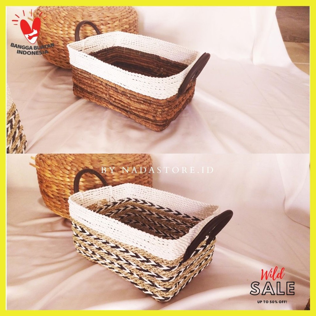 keranjang anyaman seagrass Banana Variasi Putih Dengan Handle / Hampers Box Handle Kulit Premium