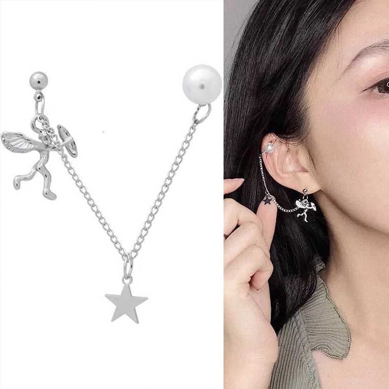 19028Cupid pearl earrings ear clip，Piercing-free exaggerated asymmetric earrings