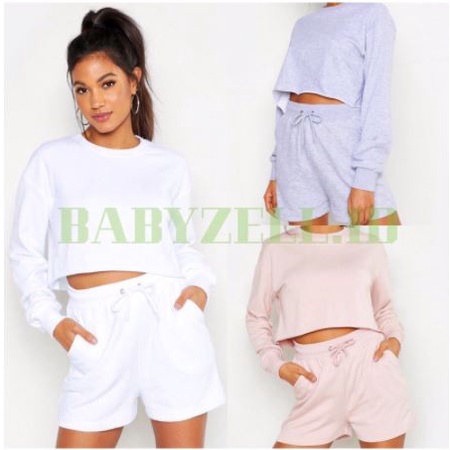 SETELAN WANITA KOREAN STYLE SWEATER CROP TANPA JAHIT BAWAH + CELANA PENDEK TALI SERUT BIGSIZE ALLSIZ