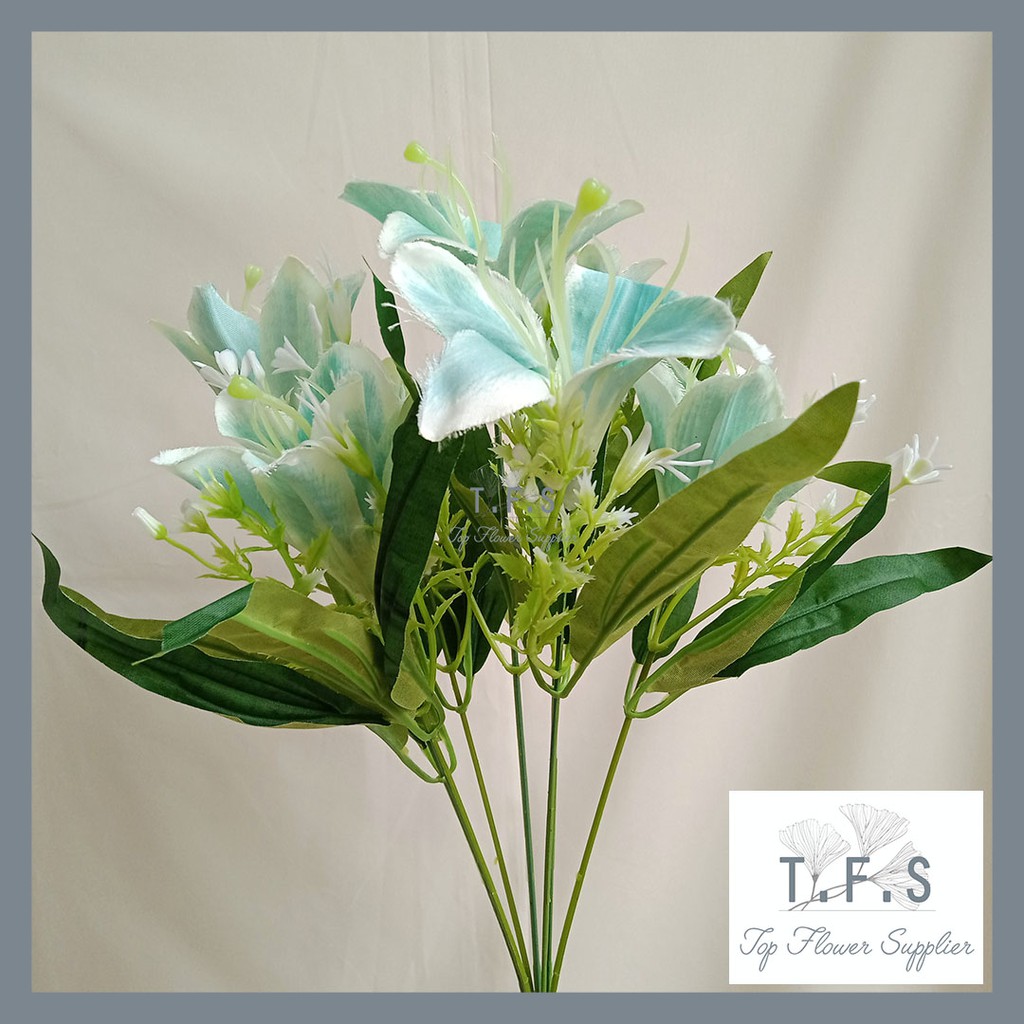 Artificial Lilium Flower Bunga Lily Cabang Palsu Plastik Dekor Pajangan Hiasan Meja Ruang Tamu-TIFFANY BLUE