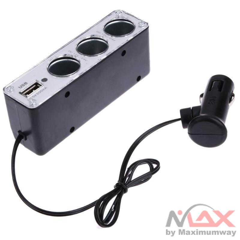 INcar Triple Socket 12V/24V Car Cigarette Lighter USB Power - WF-0096