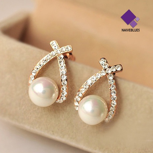 Anting Stud Hias Mutiara Berlian Imitasi Untuk Wanita