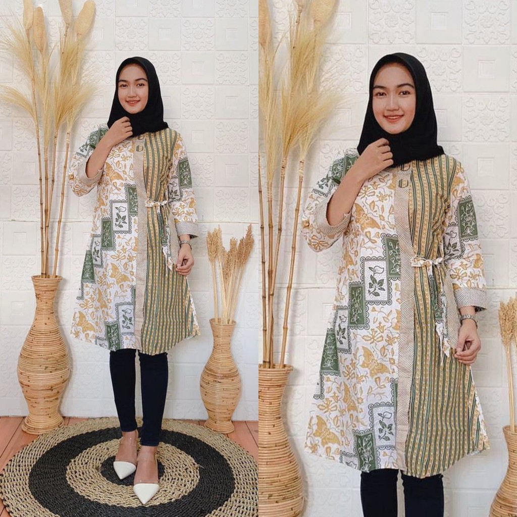 Atasan Tunik Batik Print Asj Sa Termurah Dan Terlaris Motif Bunga Kupu Hijau Batik Pekalongan