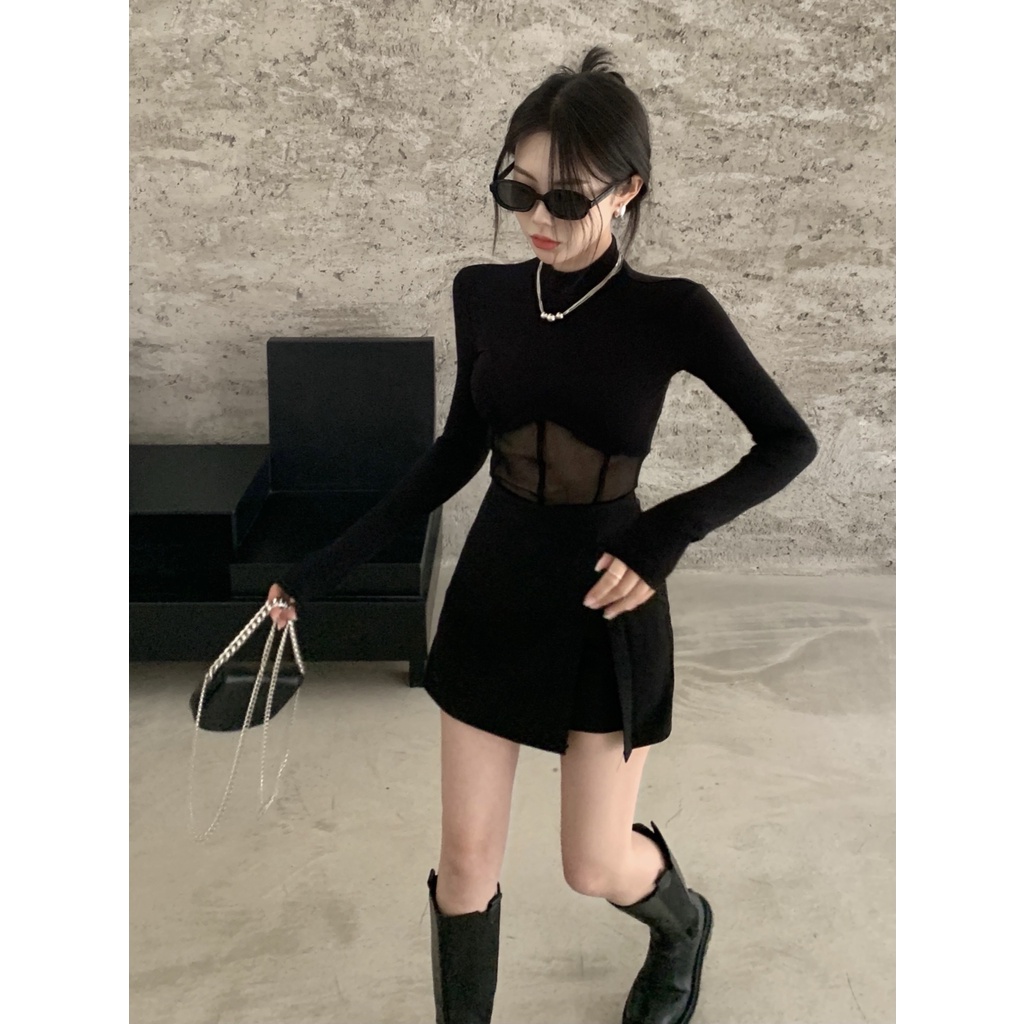 #Sisjuly# T-shirt one-piece mesh wanita tidak beraturan hitam lengan panjang setengah turtleneck kem