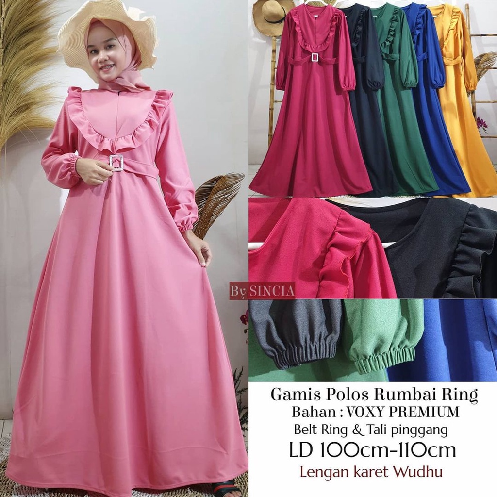 Gamis Polos Rumbai Ring Belt Tangan Karet ( Real Pic ) Gamis Fashion Terbaru LD 100-110Cm