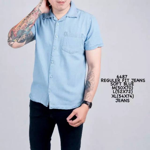 6487 Kemeja Jeans Lengan Pendek Pria Kemeja Jeans Pria