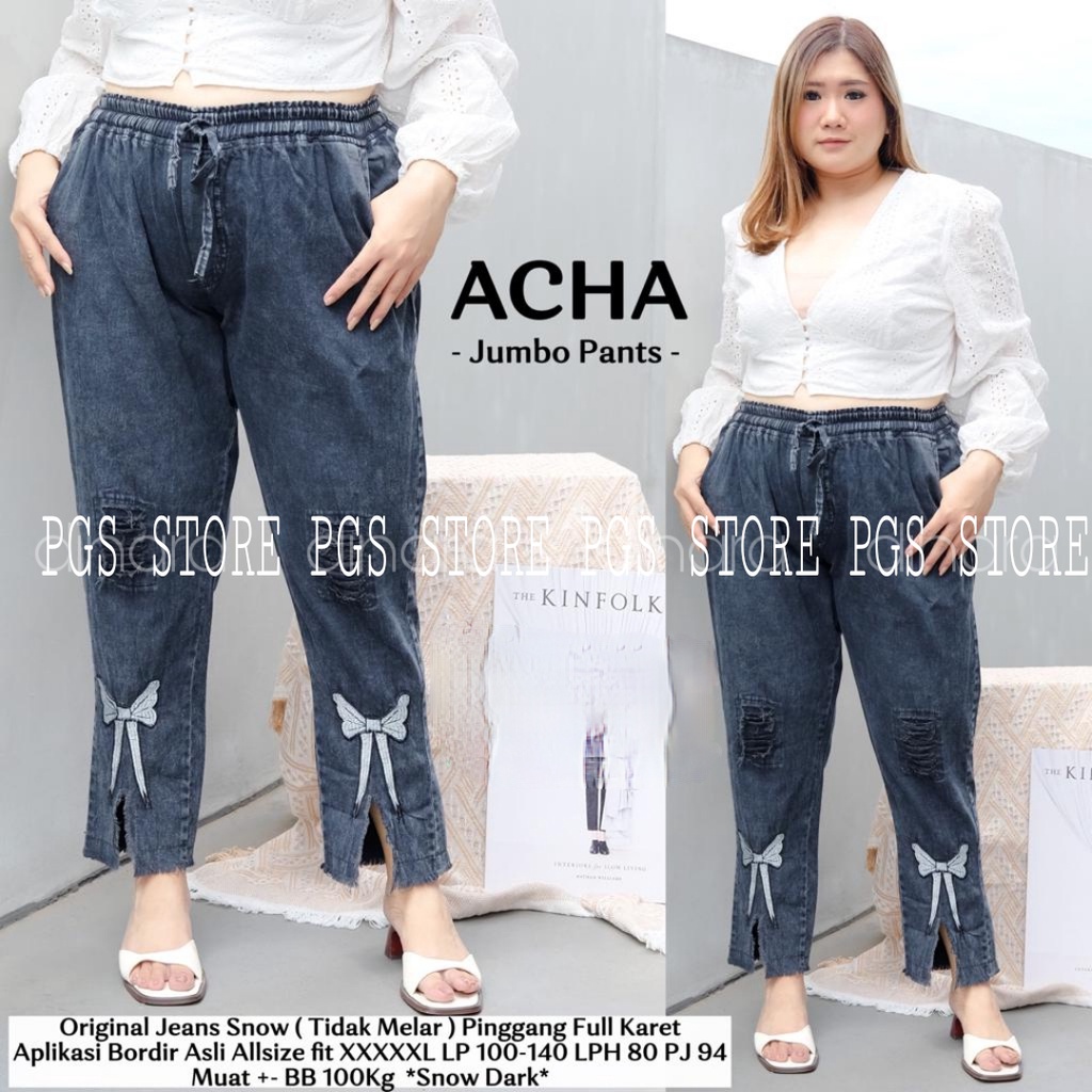 Celana Jumbo Wanita Big Size XXL Bahan Jeans variasi Bordir Pita acha pants / Celana Baggy Jeans Jumbo ( Banyak Variasi )