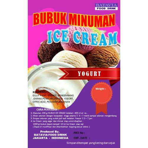 

Bubuk Hard Soft Ice Cream 1KG Rasa Yogurt / Bubuk Es Krim / Bubuk Ice Cream Murah / Bubuk Soft Ice Cream / Bubuk Hard Ice Cream / Bahan Ice Cream /Bubuk Es Cream / Bubuk Es Krim / Tepung Es Krim / Bubuk Ice Cream Cone / Bubuk Ice Cream Premium