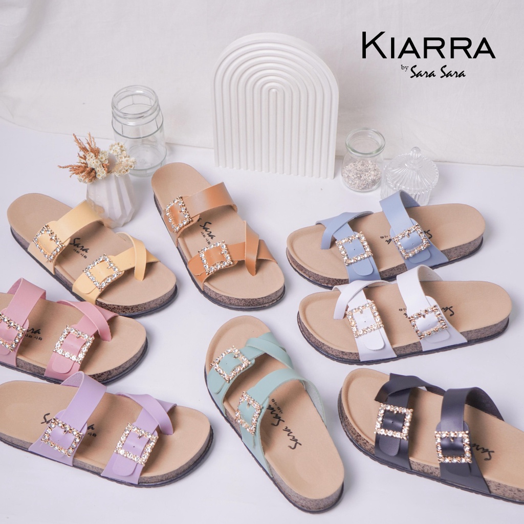 SARA SARA KIARRA Sandal wanita birken ban dua silang kristal sendal cewek flat nyaman terlaris