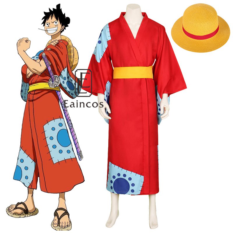 Anime One Piece Monkey D Luffy Wano Country Arc Cosplay Costume Hat Kimono Yukata Outfit Halloween
