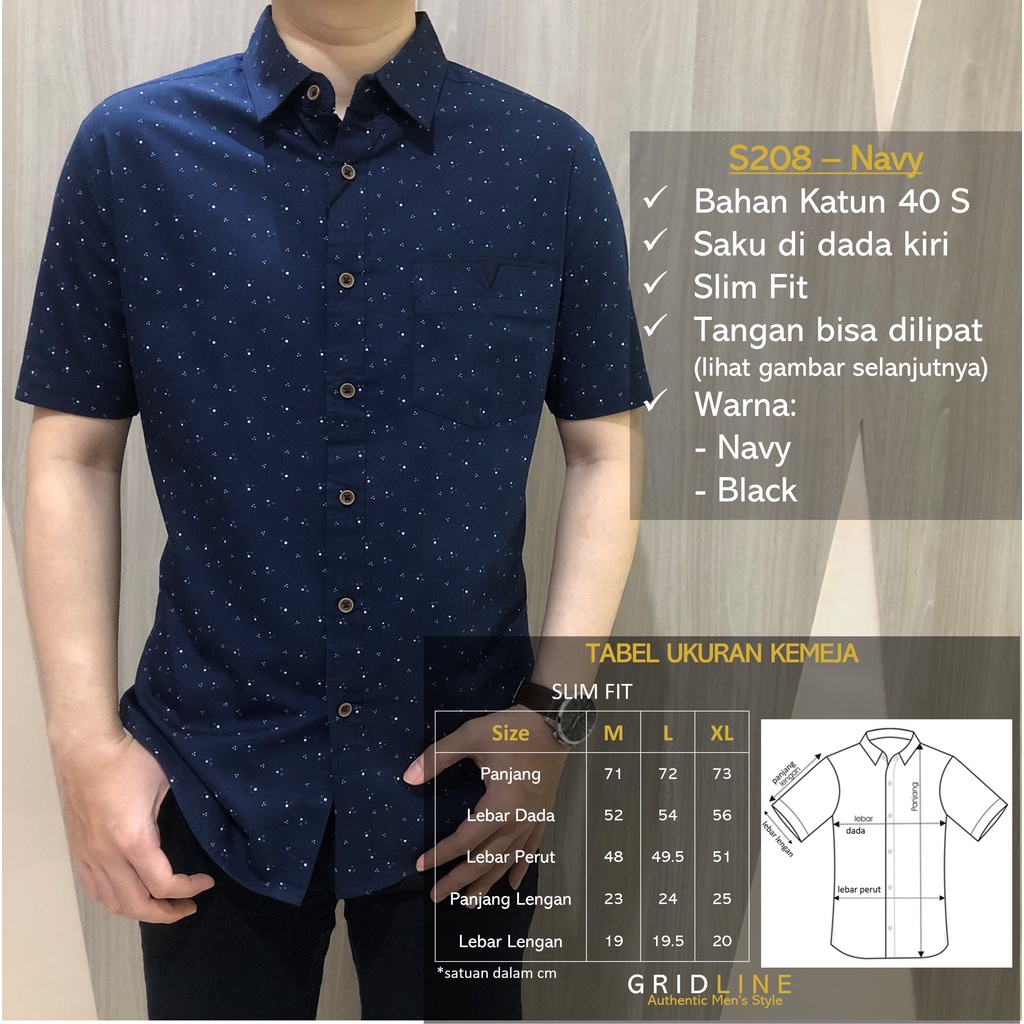 [GRIDLINE - S336 Indigo Blue - S311 Powder White - S176 Black] Kemeja Pria Katun Lengan Pendek Slimfit Simpel Keren Premium Best SellerM-XXL