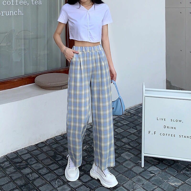 Kotak-Kotak Model Longgar Highwaist celana tartan wanita Celana Wanita Kekinian Korea Celana Kotak Kotak