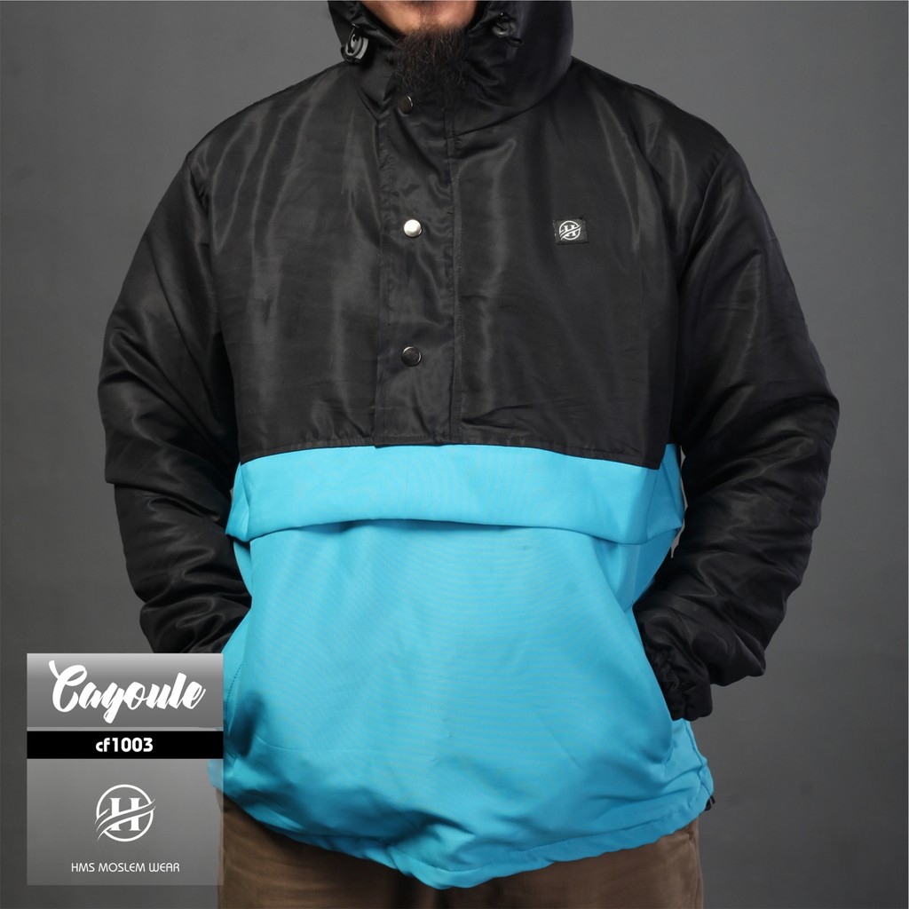 HMS jaket pria distro jaket cougle jaket water proof warna black and soft blue kode art CF327