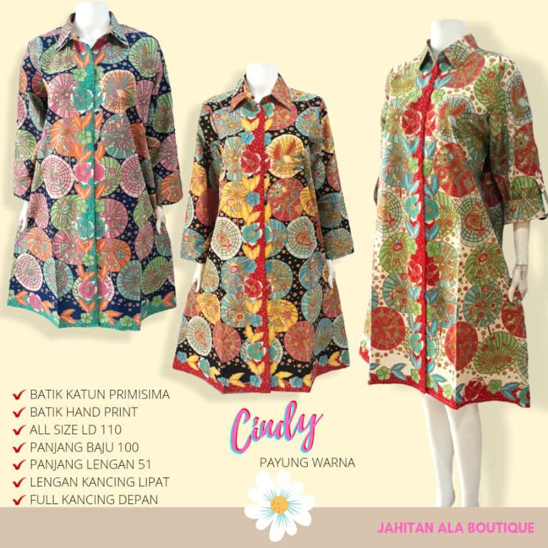 Tunik Batik Kerja Premium Atasan Dress Batik Wanita Modern Asli Solo Motif Payung Warna
