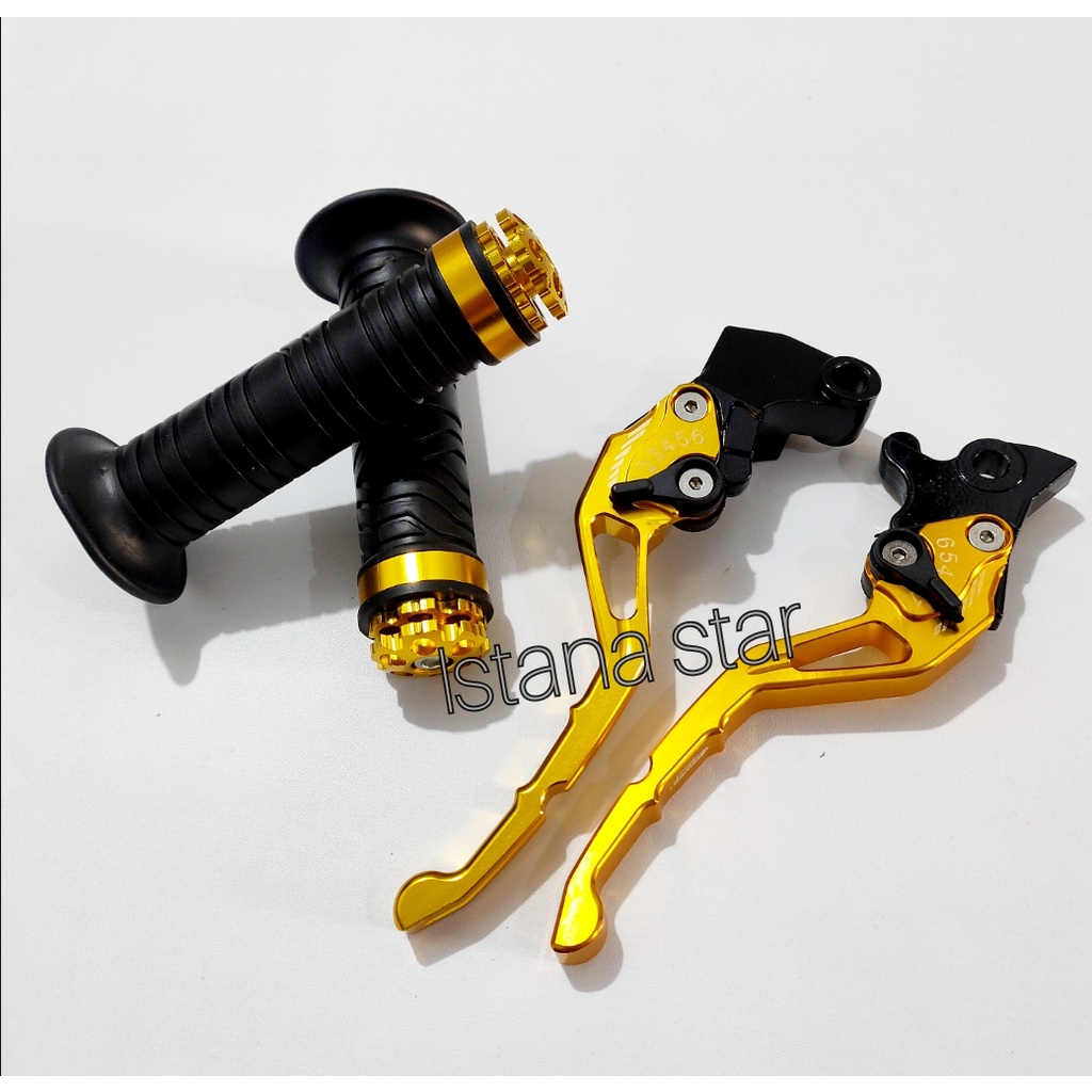 HANDLE TUAS REM KOPLING MOTOR YAMAHA VIXION NEW ,VIXION OLD ,R15V3 ,MEREK FASSBIKER CNC WARNA GOLD SEPASANG+GRIP RING CNC