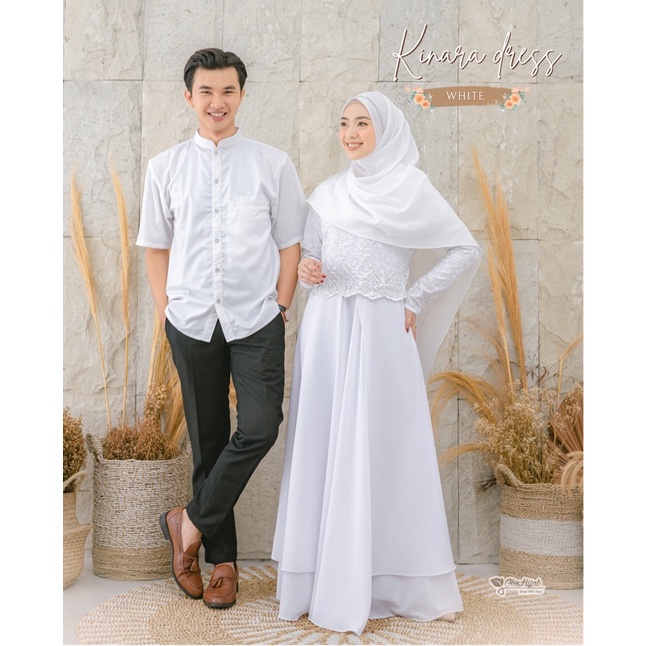 GlizHijab | Kinara Dress | Sarimbit 1 Set Gamis & Pashmina Bahan Babydoll Baju Kondangan Wanita Brokat Size XS - JUMBO-WHITE