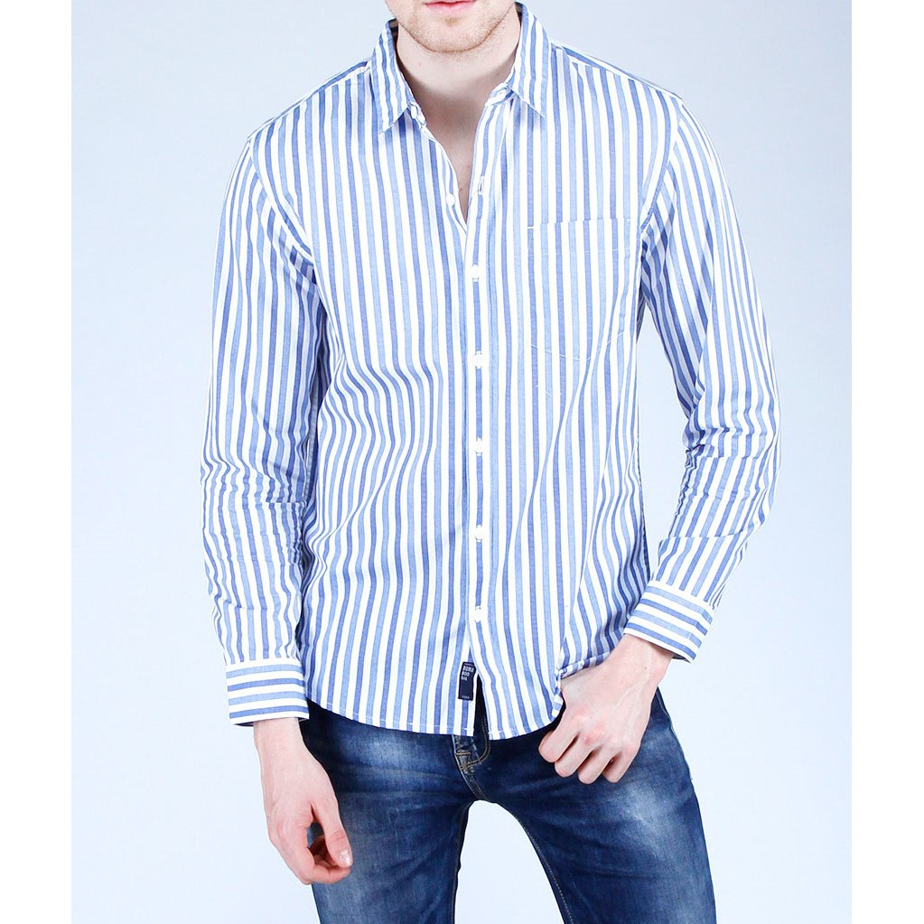 Kemeja Slim Fit Threezy Blue Lengan Panjang Merk BOMBBOOGIE