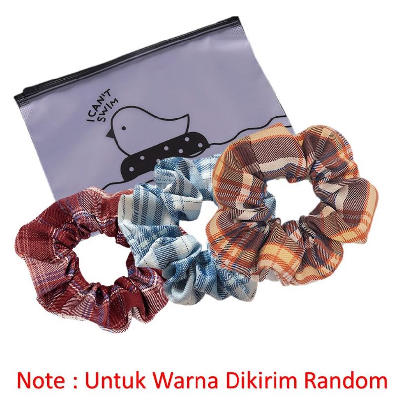 IKAT RAMBUT KOREAN STYLE SCRUNCHIE ELASTIS MOTIF KOTAK-KOTAK BAHAN KATUN ISI 3 PCS FREE POUCH