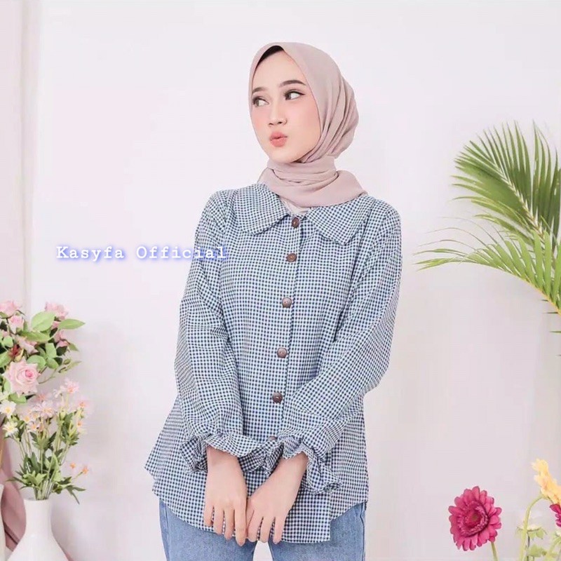 TRIA BLOUSE // TARTAN BLOUSE KOTAK DAUN KRAH LENGAN KERUT