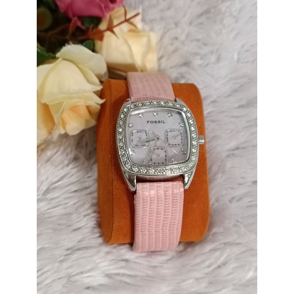 Jam Fossil Chronograph Clamshell Pink Leather Authentic