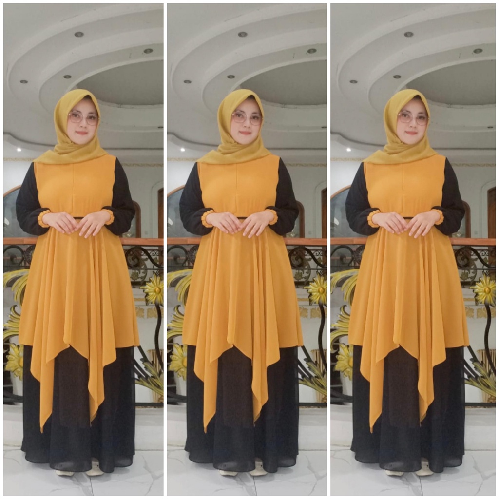 gamis ceruty rempel kombinasi /gamis syarii ceruty bebydoll umpak /gamis ceruty susun terbaru/abaya modern