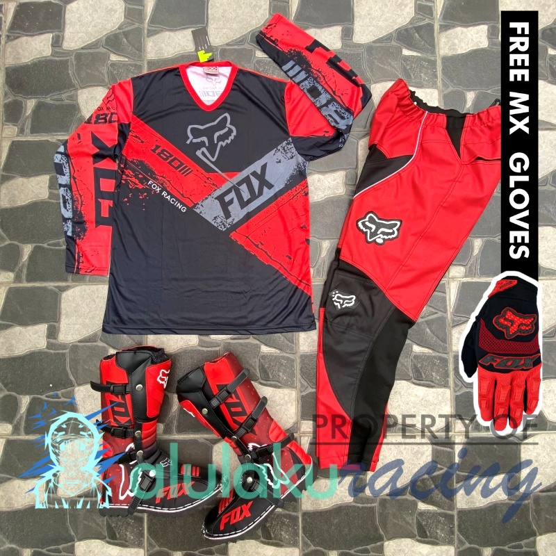 Jersey, Celana, Sarung Tangan &amp; Sepatu Fullprint with Protectors Fullset MX Trail Motocross - Paket Bundling FOCTFG150303-F43