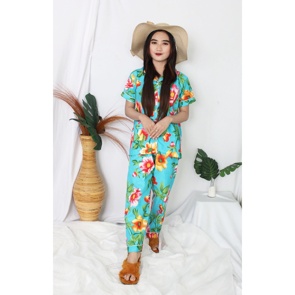 OKHISHOP - CP1 Piyama Pajamas CP Baju Tidur Piyama Wanita Dewasa Setelan CP Motif Trendy Karakter Kotak Guilen-CP Flower Tosca