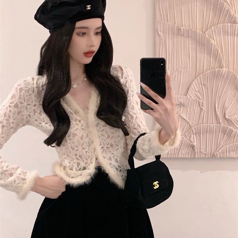 atasan renda import lace shirt women s winter warna solid lengan panjang pure want sexy furry hollow