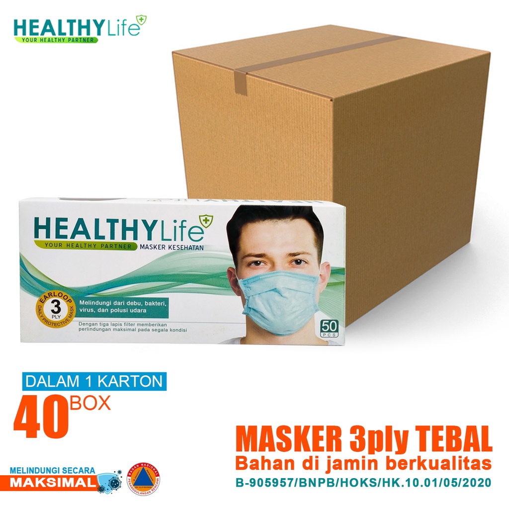 1 Carton (40 box) HealthyLife Mask 3ply 50pcs/box 40box/carton Masker 3ply isi 50 Masker 3 ply