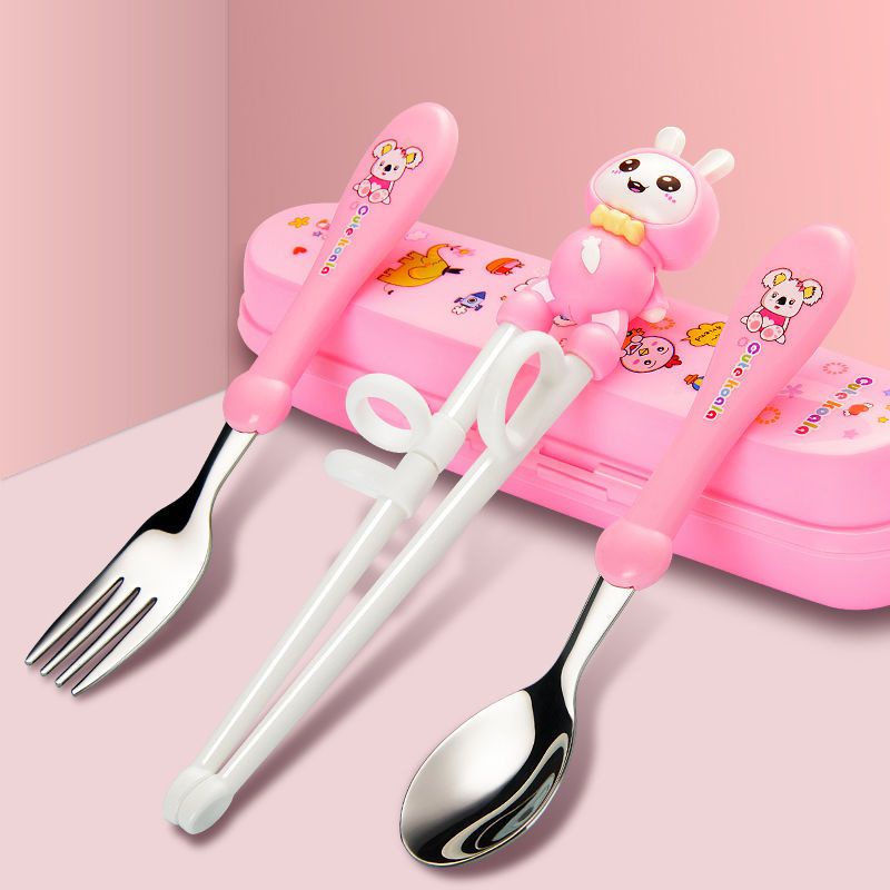 Set Alat Makan Stainless 4 in 1/ Set sendok Garpu Sumpit Anak Free Tempat /Sendok Sumpit  Latihan Anak / Training Chopstick / Sumpit Anak Lucu / Sumpit Latihan Anak