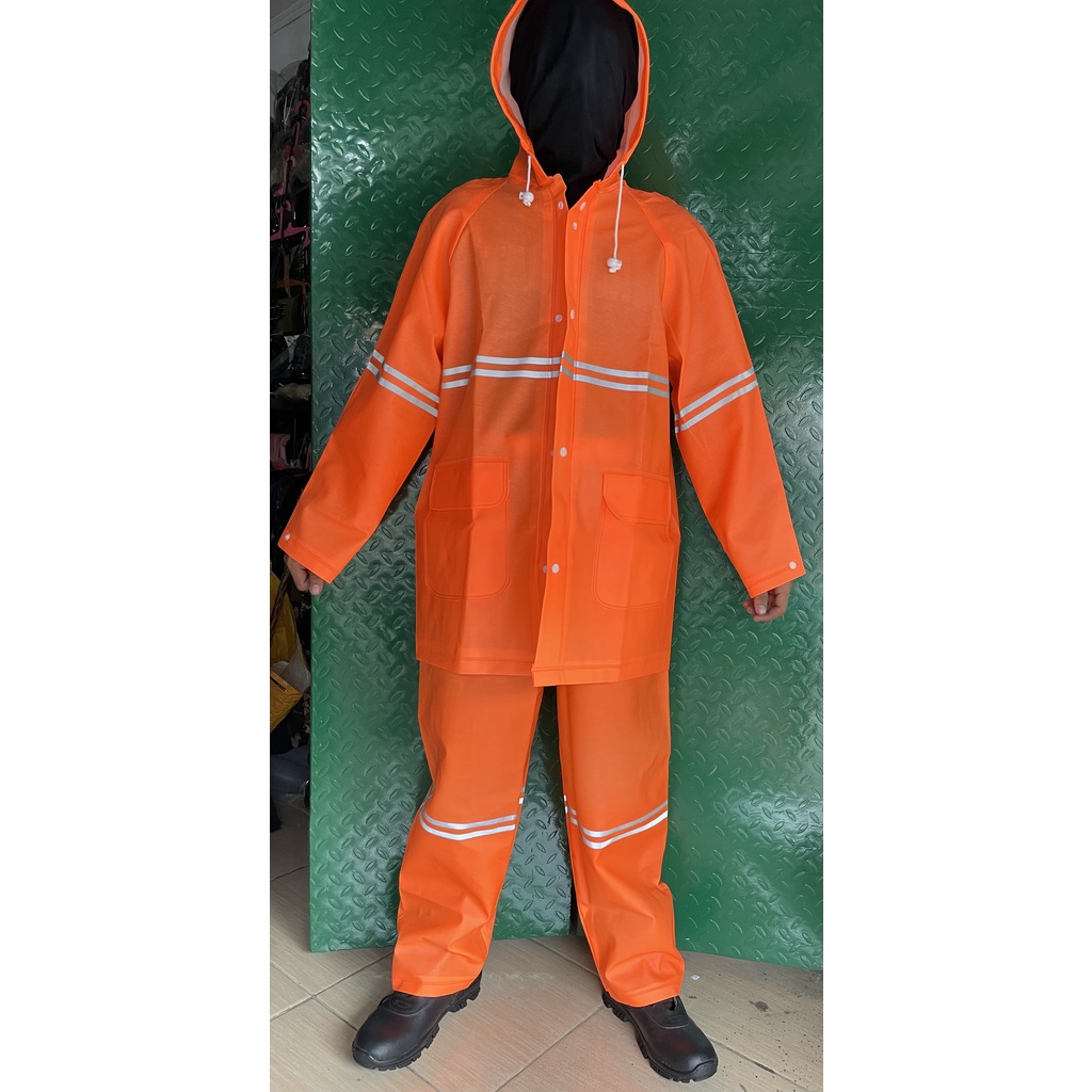 Jas Hujan PVC Orange - Jas Hujan PVC Karet Tebal - Jas Hujan Oren - Jas Hujan Setelan Karet