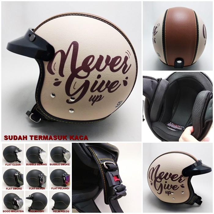 HELM BOGO WANITA Motif Never Give Up Cream  STCG Retro Kulit Premium BERGARANSI Helm bogo Dewasa