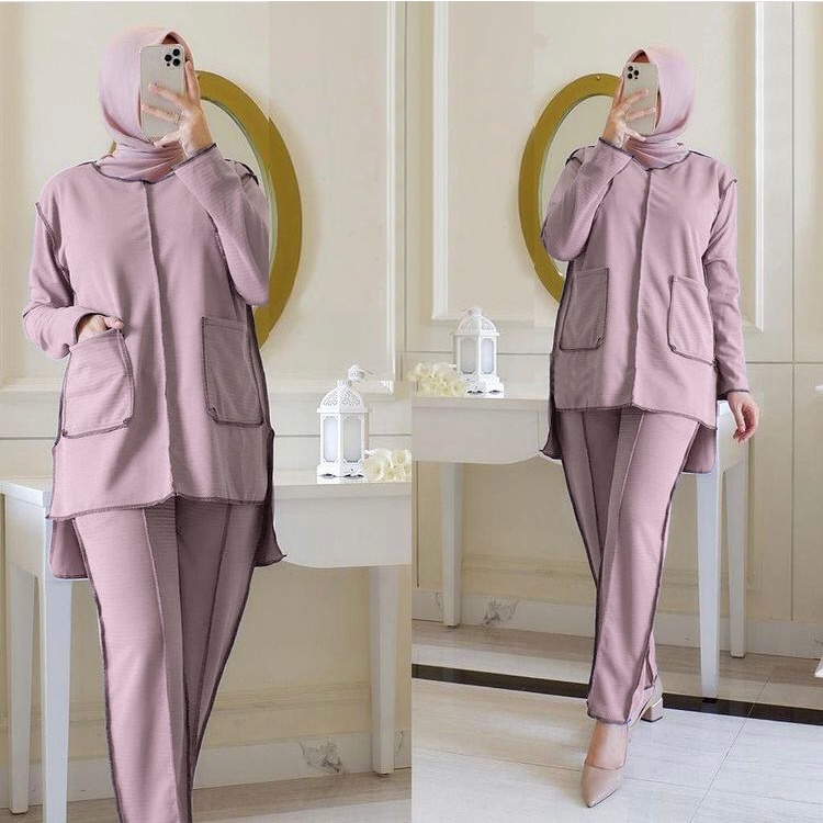 PAKAIAN FASHION MUSLIM WANITA SETELAN CELANA SET POLOS MIANE TERBARU DMR
