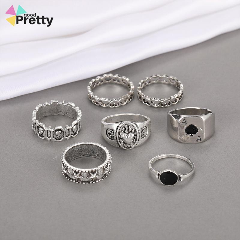 7 Pcs Cincin Jari Bentuk Hati Tidak Teratur Warna-Warni Gaya Punk Retro Untuk Pria - PD