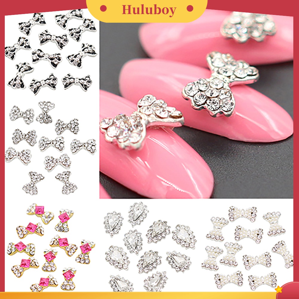 Huluboy Huluboy♡ 10pcs Stiker Kuku 3D Bentuk Pita Bahan Alloy Dengan Glitter Berlian Imitasi