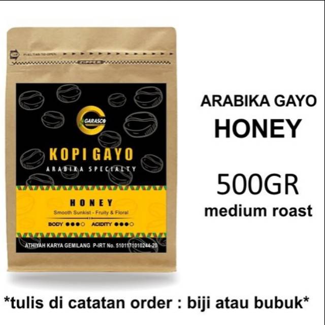 

Kopi Gayo Arabica Honey Specialty 500 gram Biji Bubuk Garasco Coffee