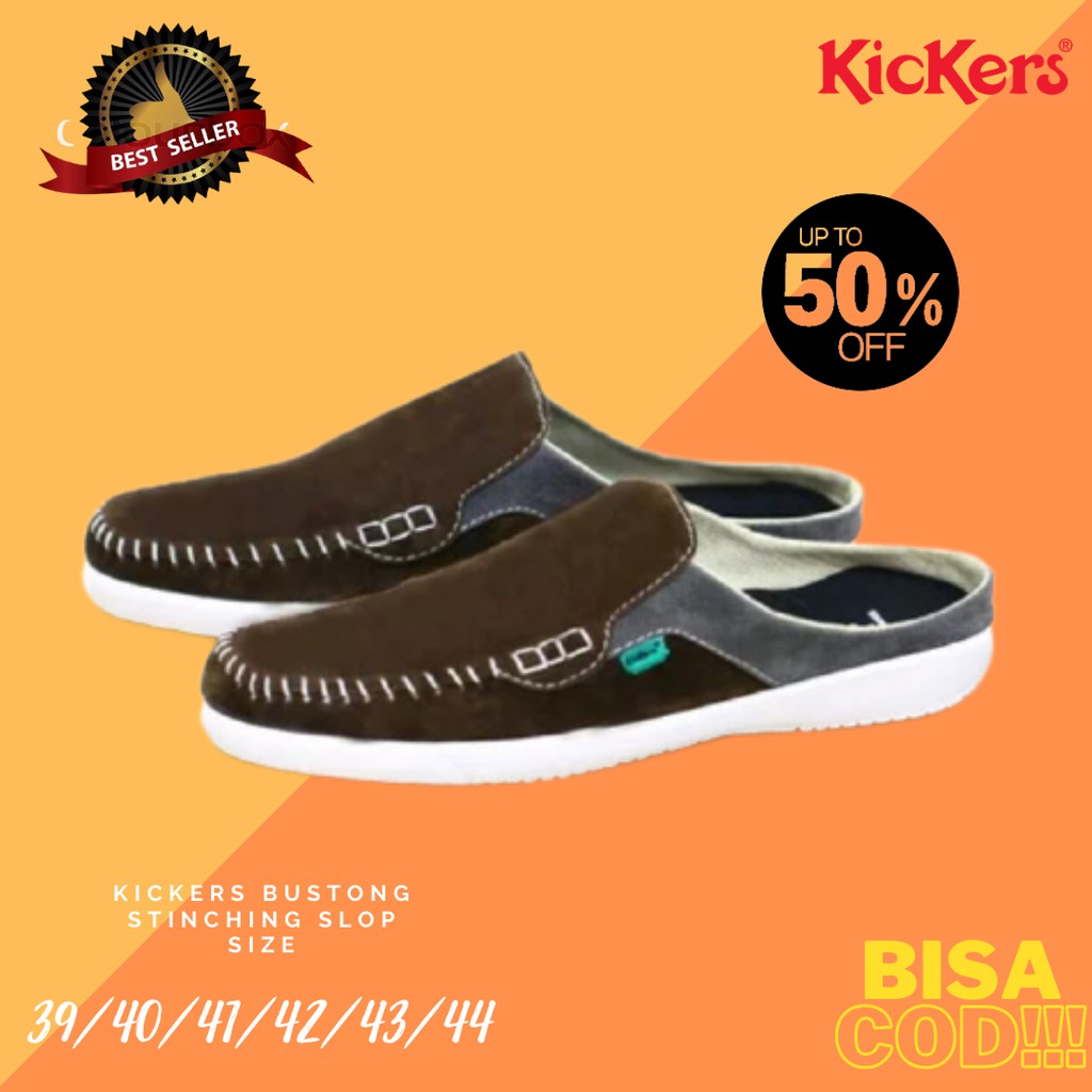 Sepatu Pria Kickers Stiching Bustong Coklat Suede Slop Tutong Kasual Santai Selop Fashion Laki Murah