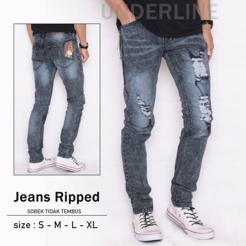 Celana Jeans Pria sobek lutut Sanwash Tidak Tembus Ripped UNDERLINE robek ripped Hitam destroy premi