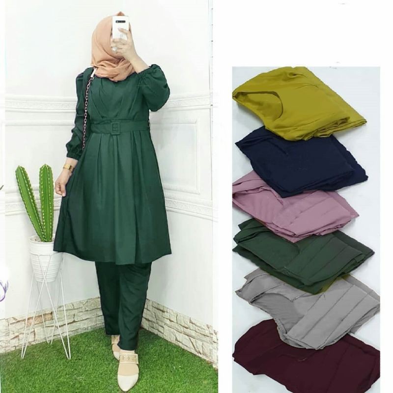SET CELANA TUNIK FENITA, MOSCREPE PREMIUM, GAMIS HIJAB MUSLIM, SETELAN, 2 UKURAN