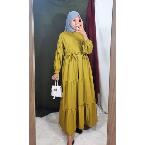 Gamis Wanita Lengan Panjang Fashion Muslim Devi Fit  L-XL Lingkar Dada 100cm Panjang 130cm-Devi Button Apel