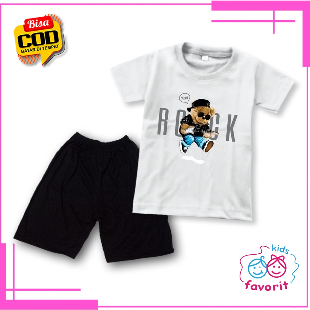 Favorit kids setelan baju anak perempuan dan stelan anak laki laki lengan pendek gambar Teddy bear ROCK terbaru