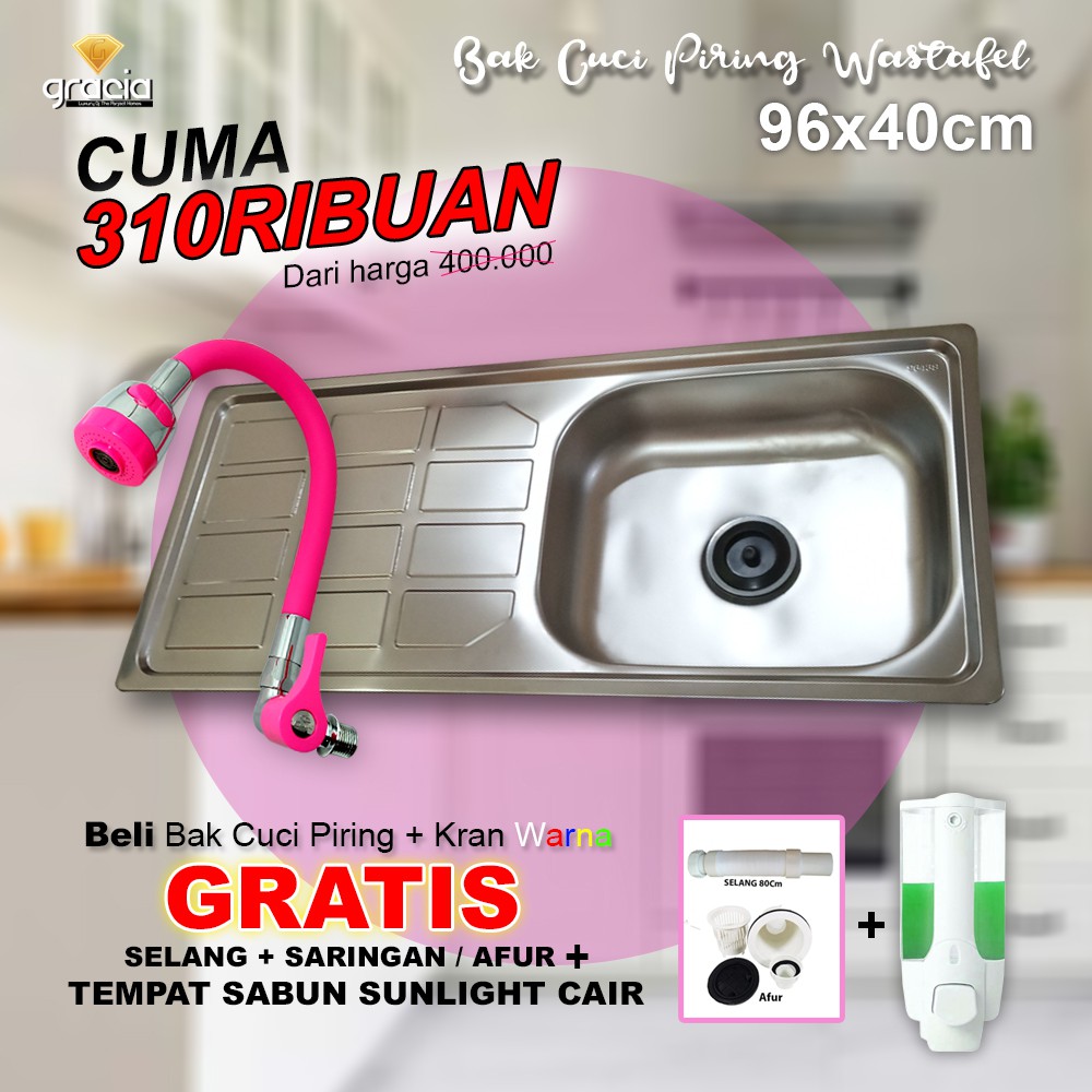 Bak Cuci Piring 96x40x14 cm GRACIA / Wastafel Tempat Cuci Piring Stainless / Kitchen Sink Bar Dapur GRATIS AFUR + SELANG + TEMPAT SABUN SUNLIGHT