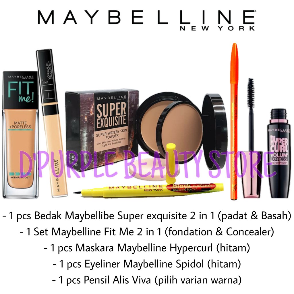 Paket Kosmetik Maybelline  Lenkap Murah 5 In 1 - Bedak - Foundation + Concealer - Maskara - Eyeliner