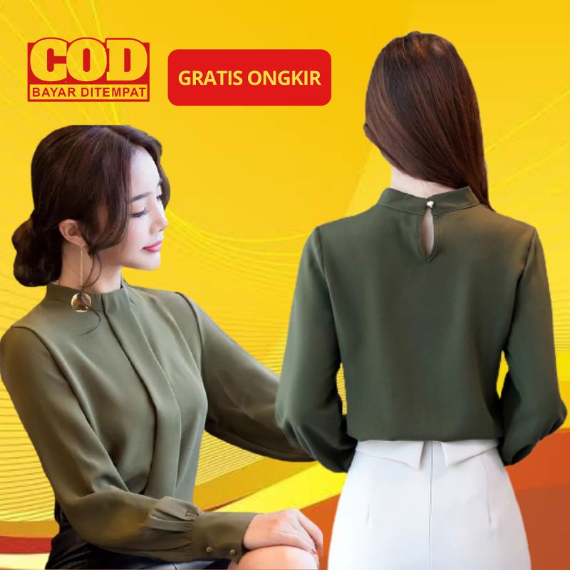 Blouse Wanita Lengan Panjang Variasi Lipatan Baju Atasan Korean Style - HARINA-2