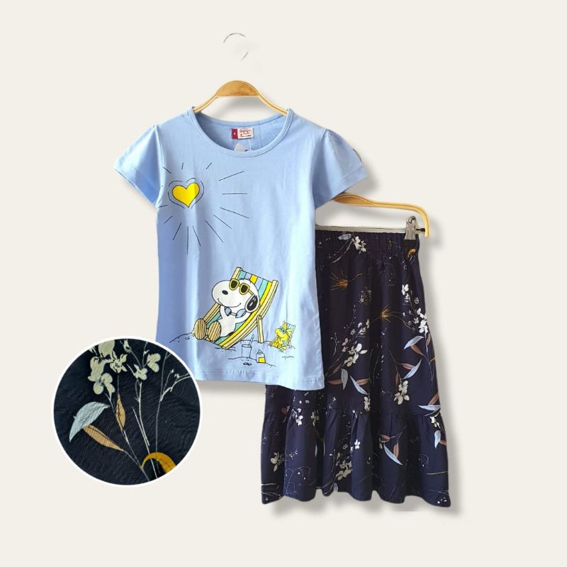 Ammigoz kids Girls Snoopy T-shirt and Skirt Set / Setelan Anak Perempuan Tshirt dan Rok Snoopy (4-14Y)-Soft blue A