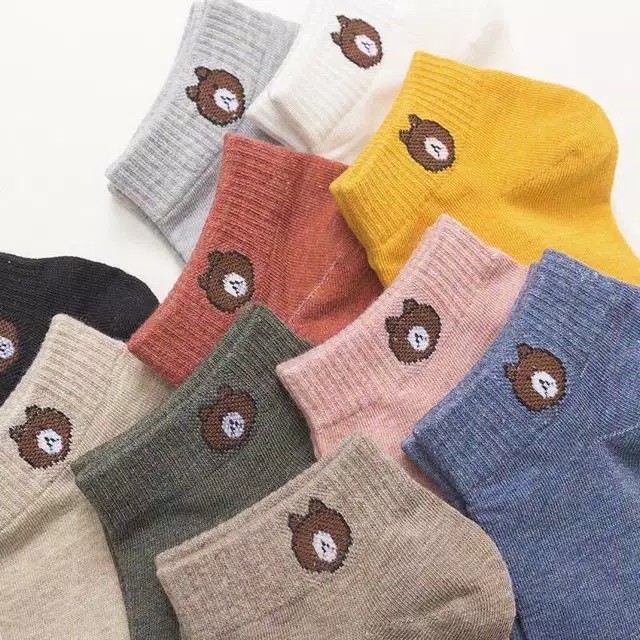 Kaos kaki Motif Beruang Brown Pria Wanita Korea Socks Line Pendek Import-4