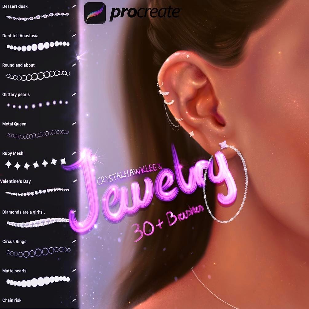Procreate Brush - 230+ Jewelry, Eyelashes, Glossy Lips, Glitter, Face Details &amp; Glow Brushset